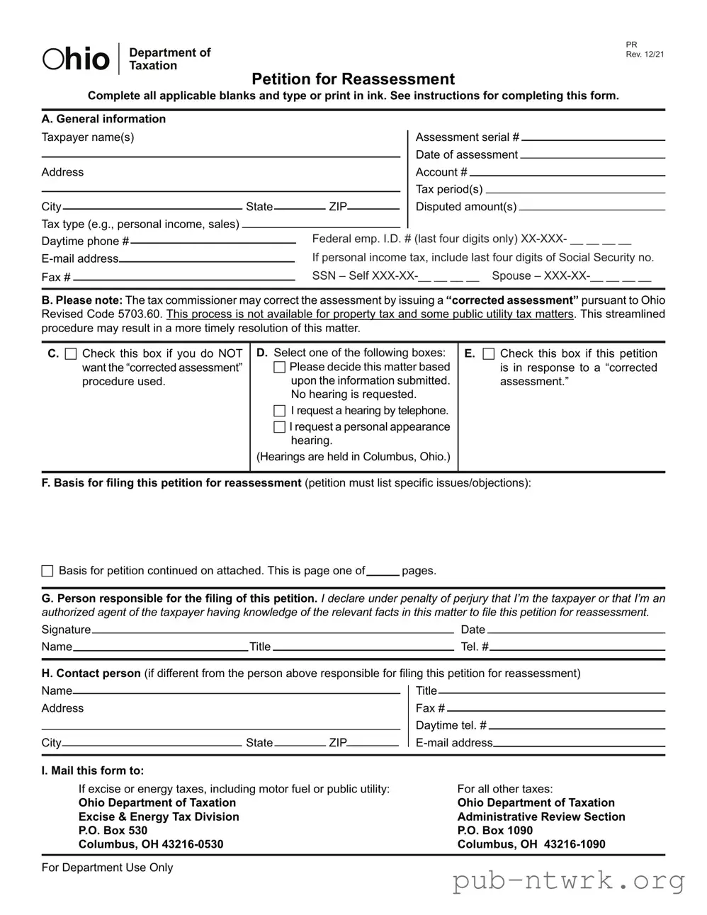 Blank Ohio Petition For Reassessment PDF Form