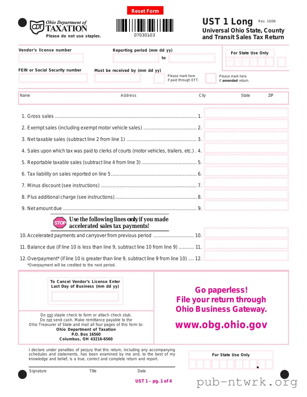 Blank Ohio Sales Tax Ust 1 PDF Form