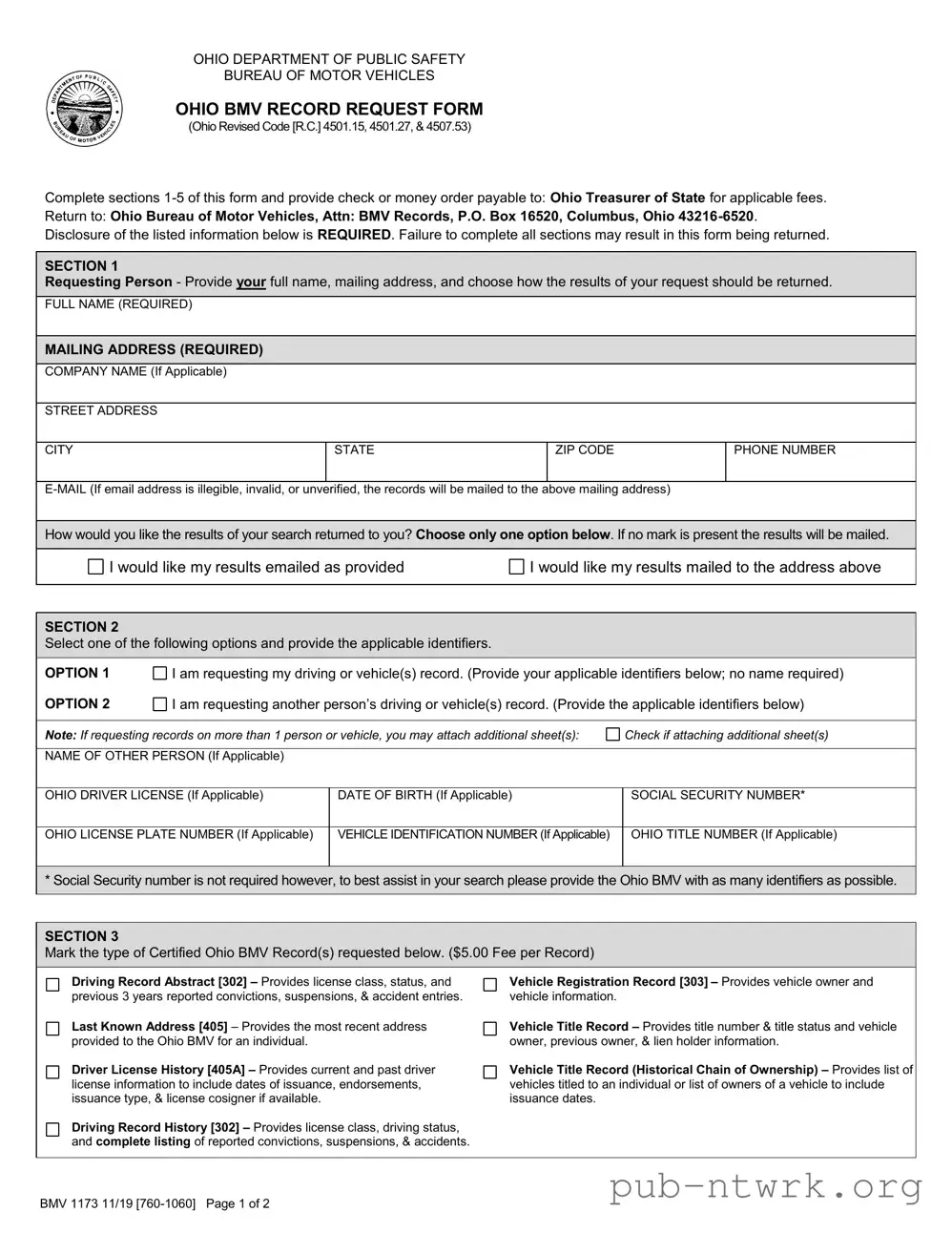 Blank Ohio Bmv 1173 PDF Form