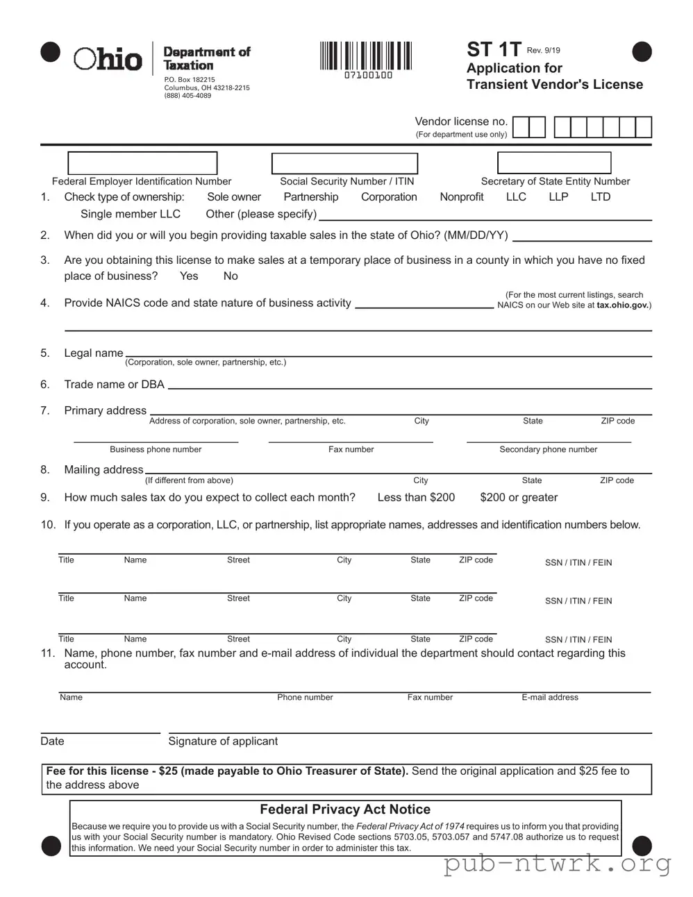 Blank Ohio Application For Vendors License PDF Form