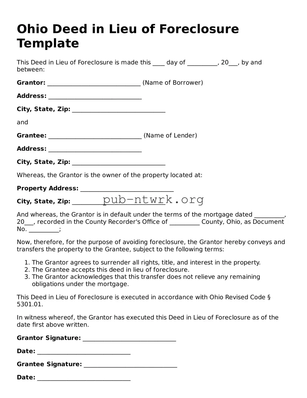 Free Ohio Deed in Lieu of Foreclosure Form