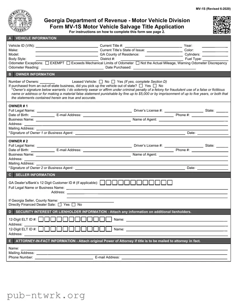 Blank Georgia Mv 1S PDF Form