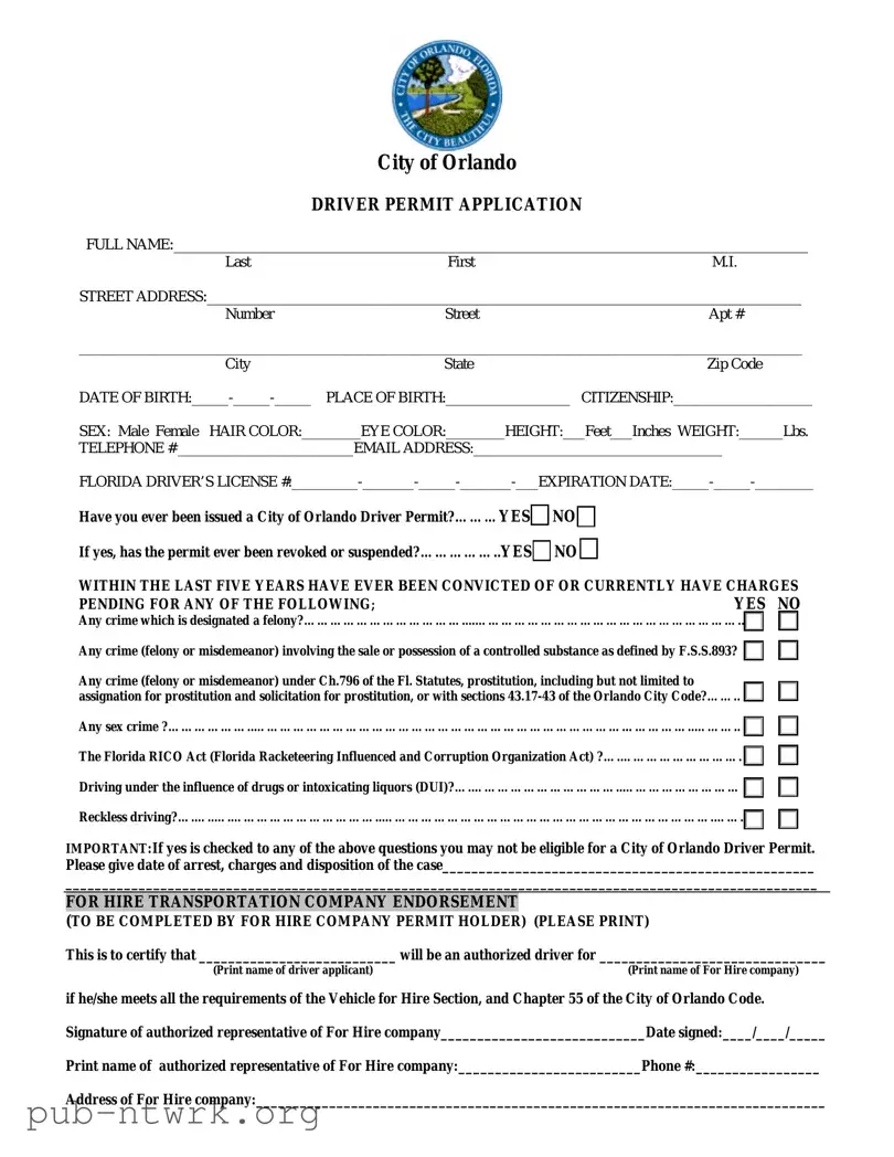Blank Florida Orlando Driver License PDF Form