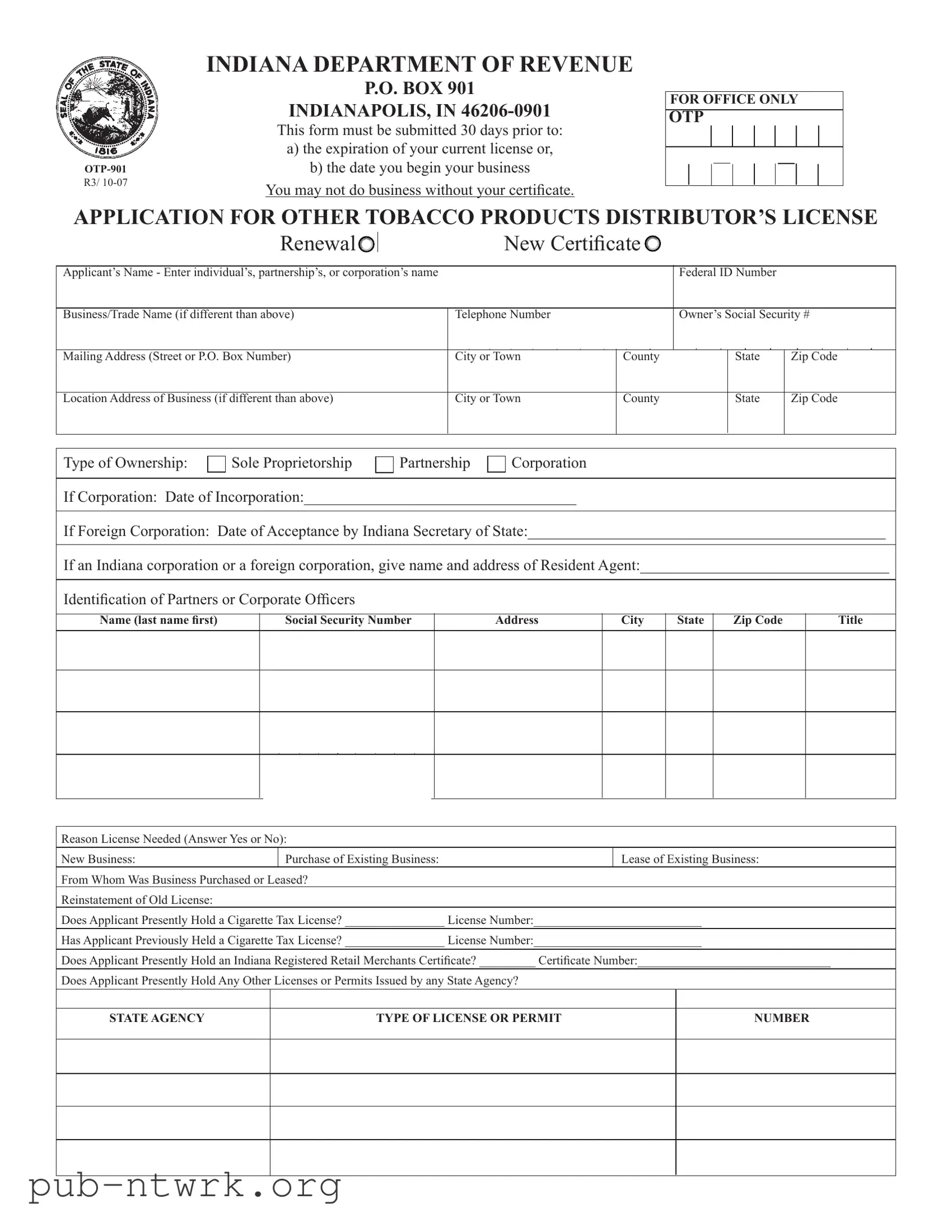 Blank Indiana Otp 901 PDF Form