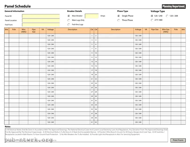 Blank Electrical Panel Schedule PDF Form