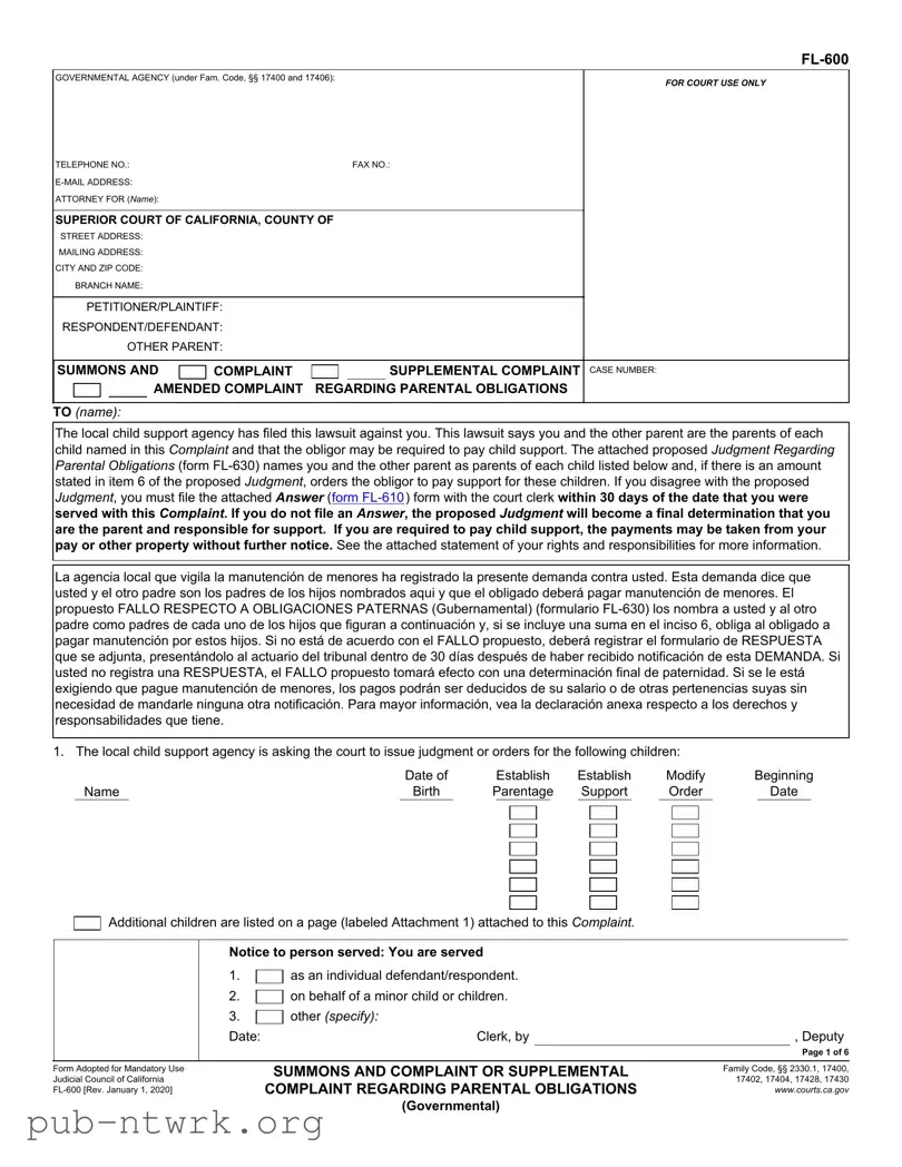 Blank California Fl 600 PDF Form