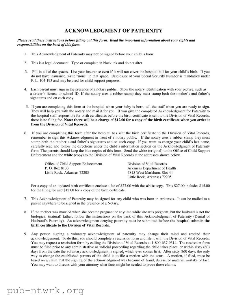 Blank Arkansas Acknowledgement Paternity PDF Form