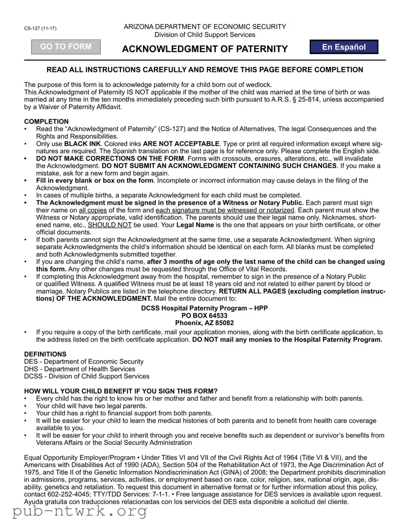 Blank Arizona Paternity PDF Form