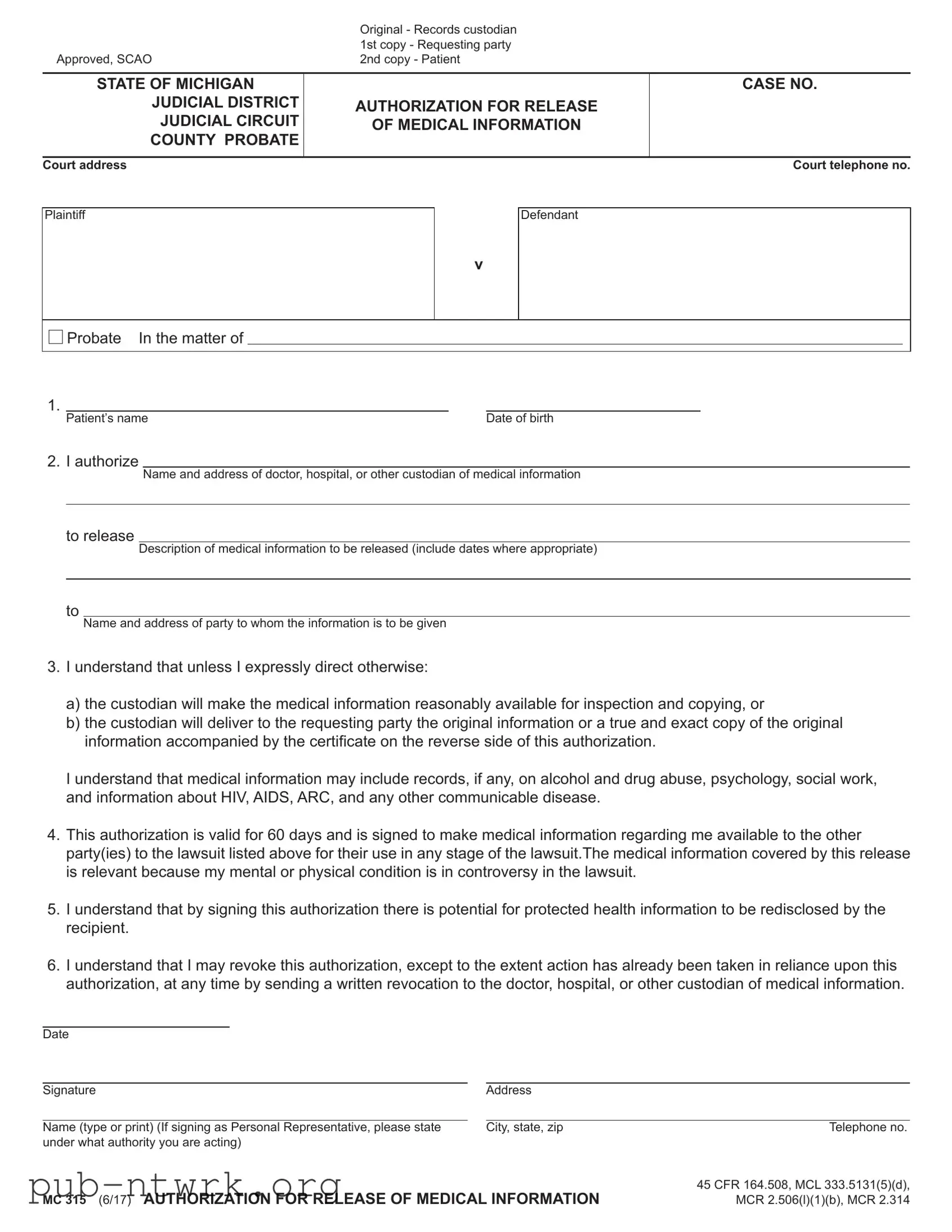 Blank Michigan Mc 315 PDF Form