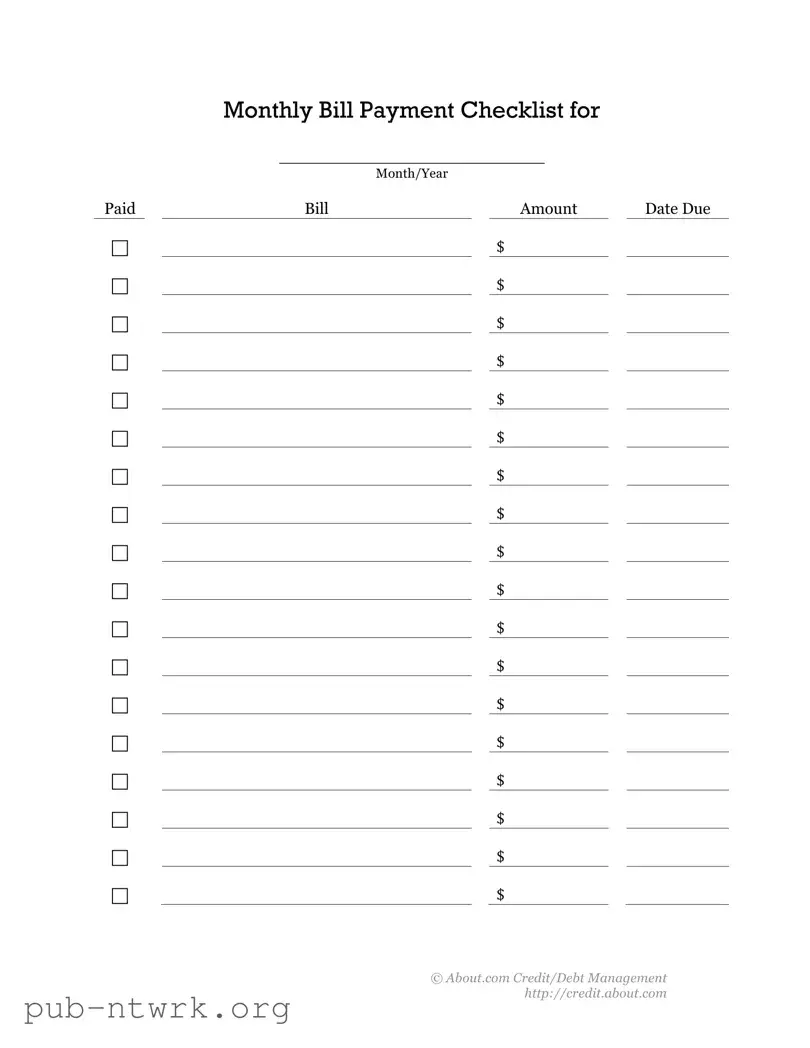 Blank Bill Payment Checklist PDF Form
