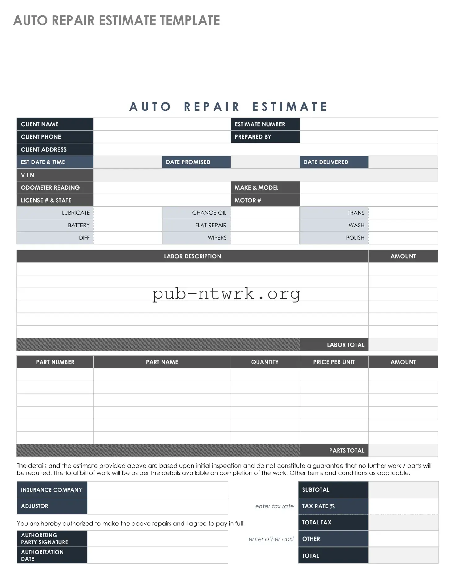 Blank Auto Repair Estimate PDF Form