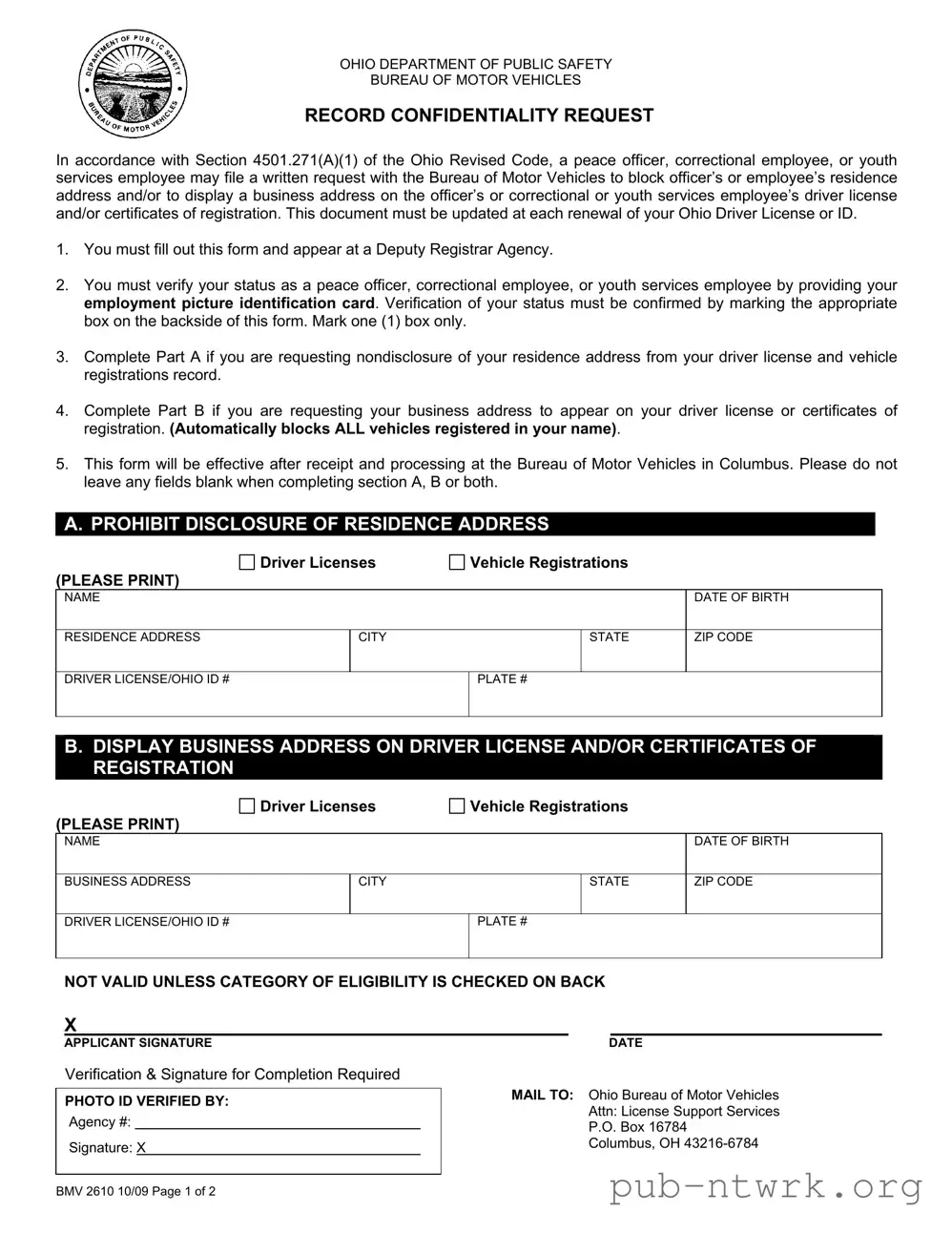 Blank Ohio Bmv 2610 PDF Form