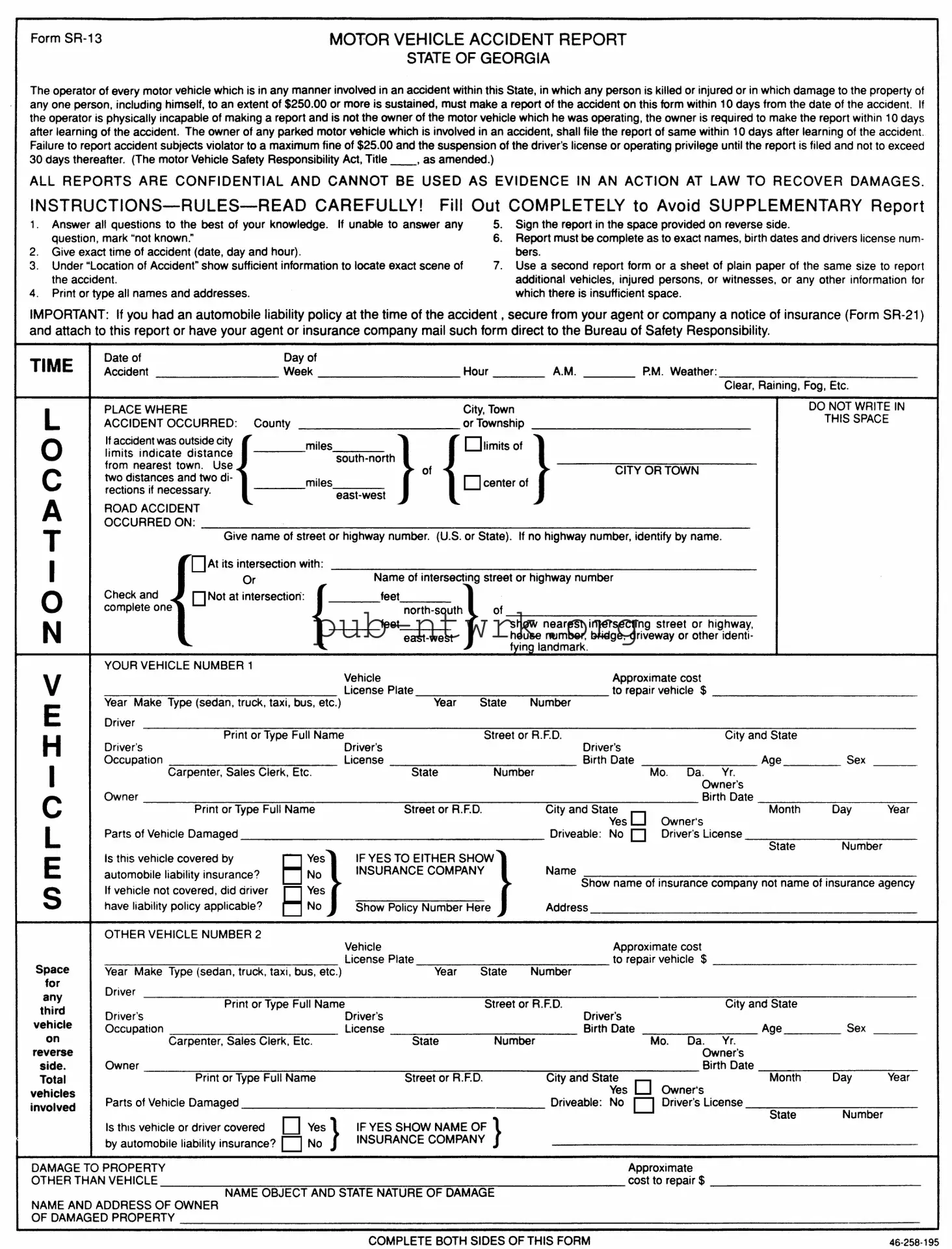 Blank Personal Accident Report Sr 13 Ga PDF Form