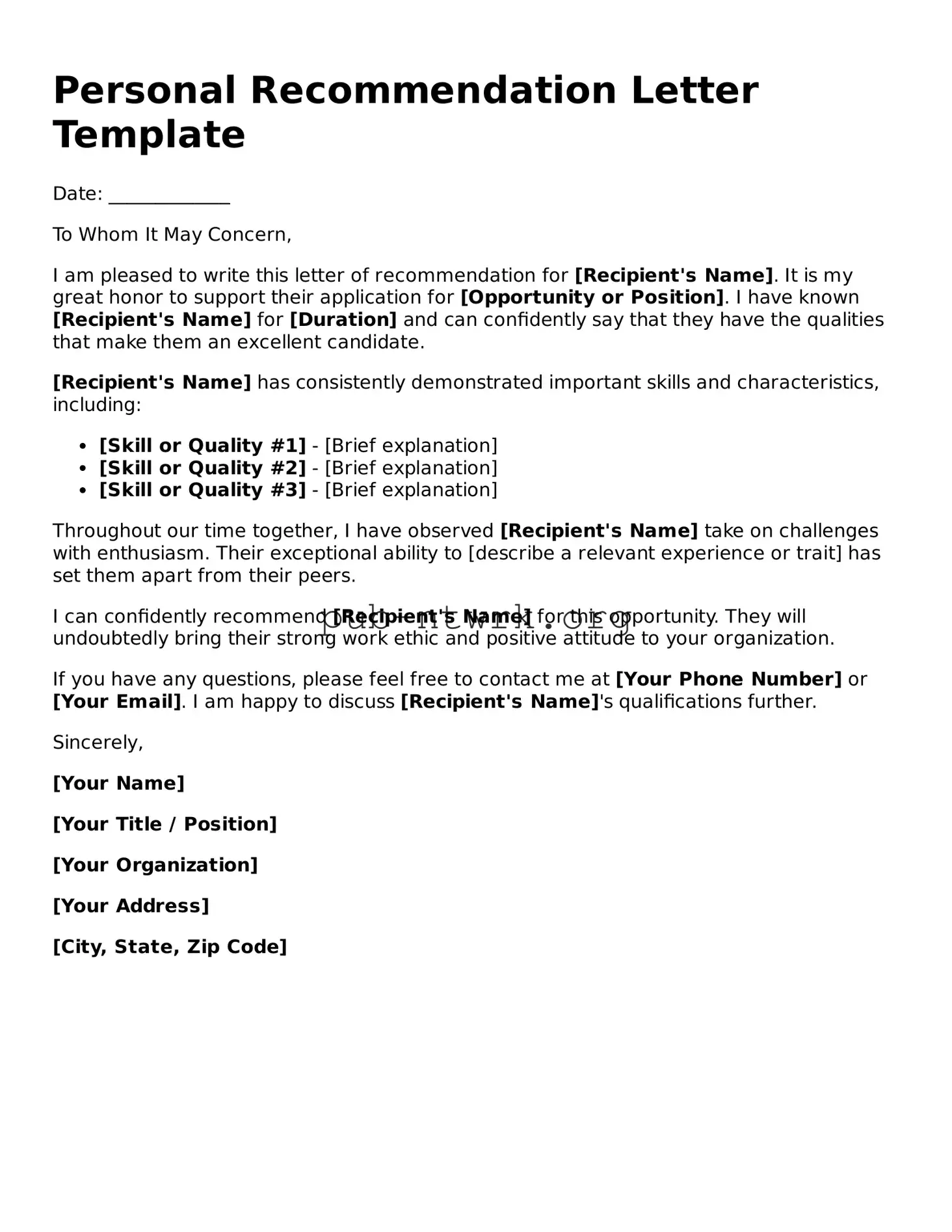 Legal Personal Recommendation Letter Form