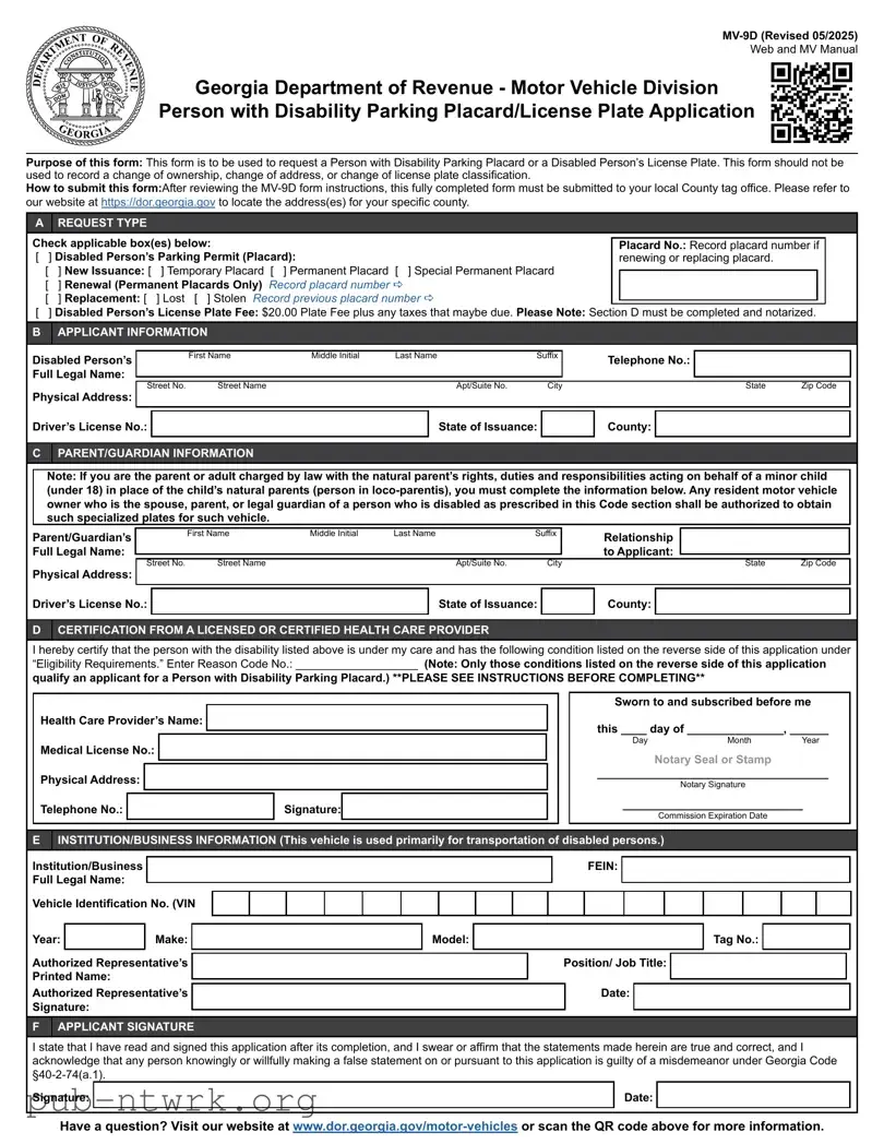 Blank Georgia Mv 9D PDF Form