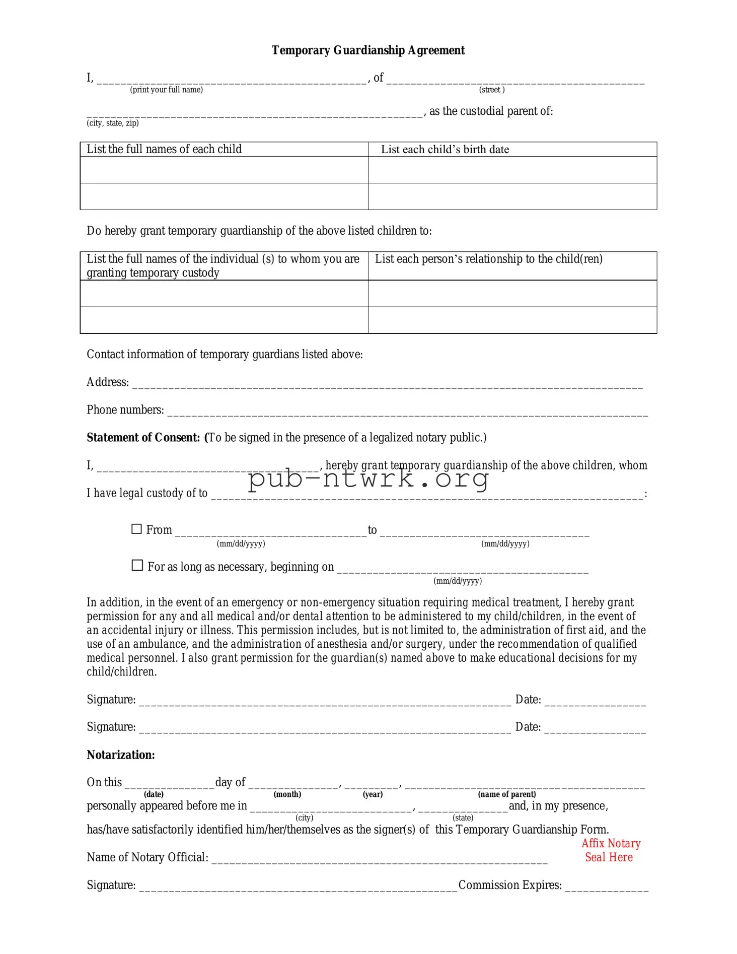 Blank Temporary Custody PDF Form