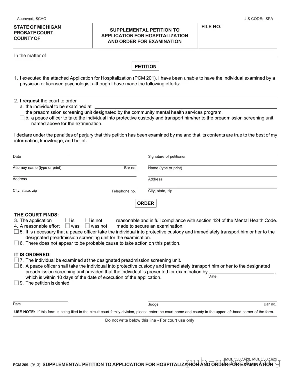 Blank Pcm 209 Michigan PDF Form