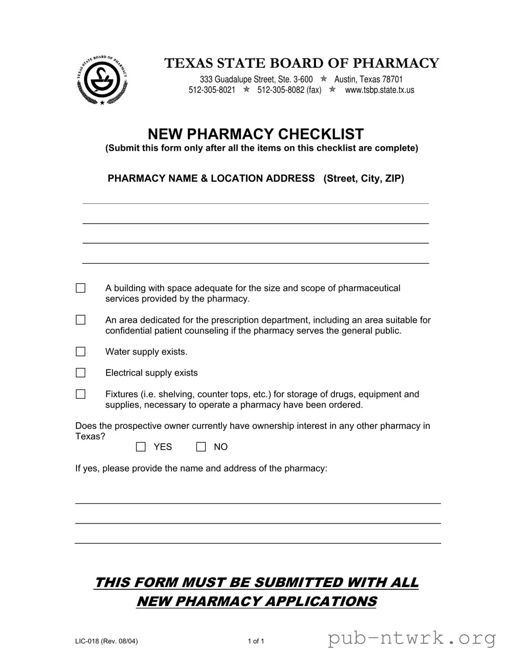 Blank Texas Lic 018 PDF Form