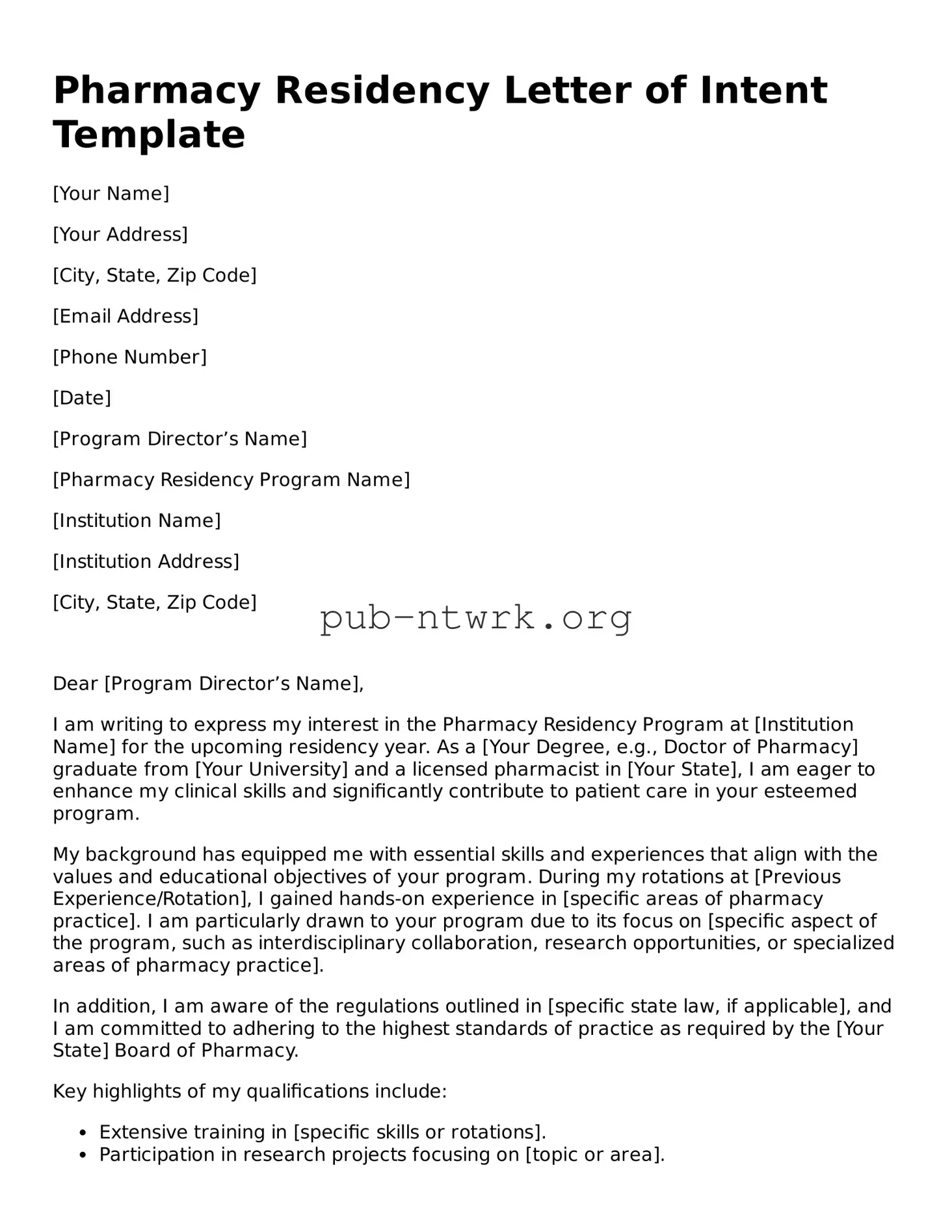 Legal Pharmacy Residency Letter of Intent Form