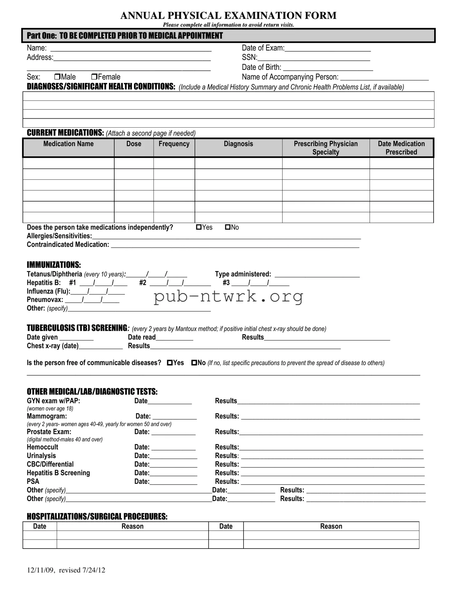 Blank Annual Physical Examination PDF Form