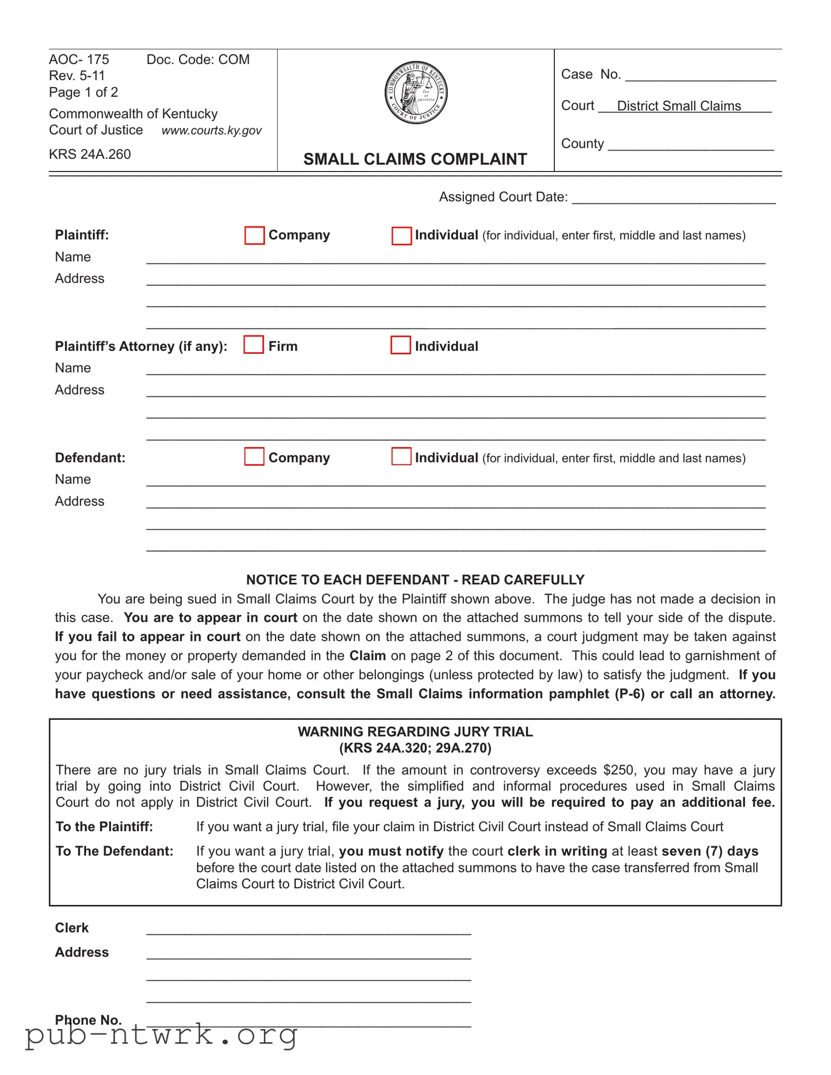 Blank Kentucky Aoc 175 PDF Form