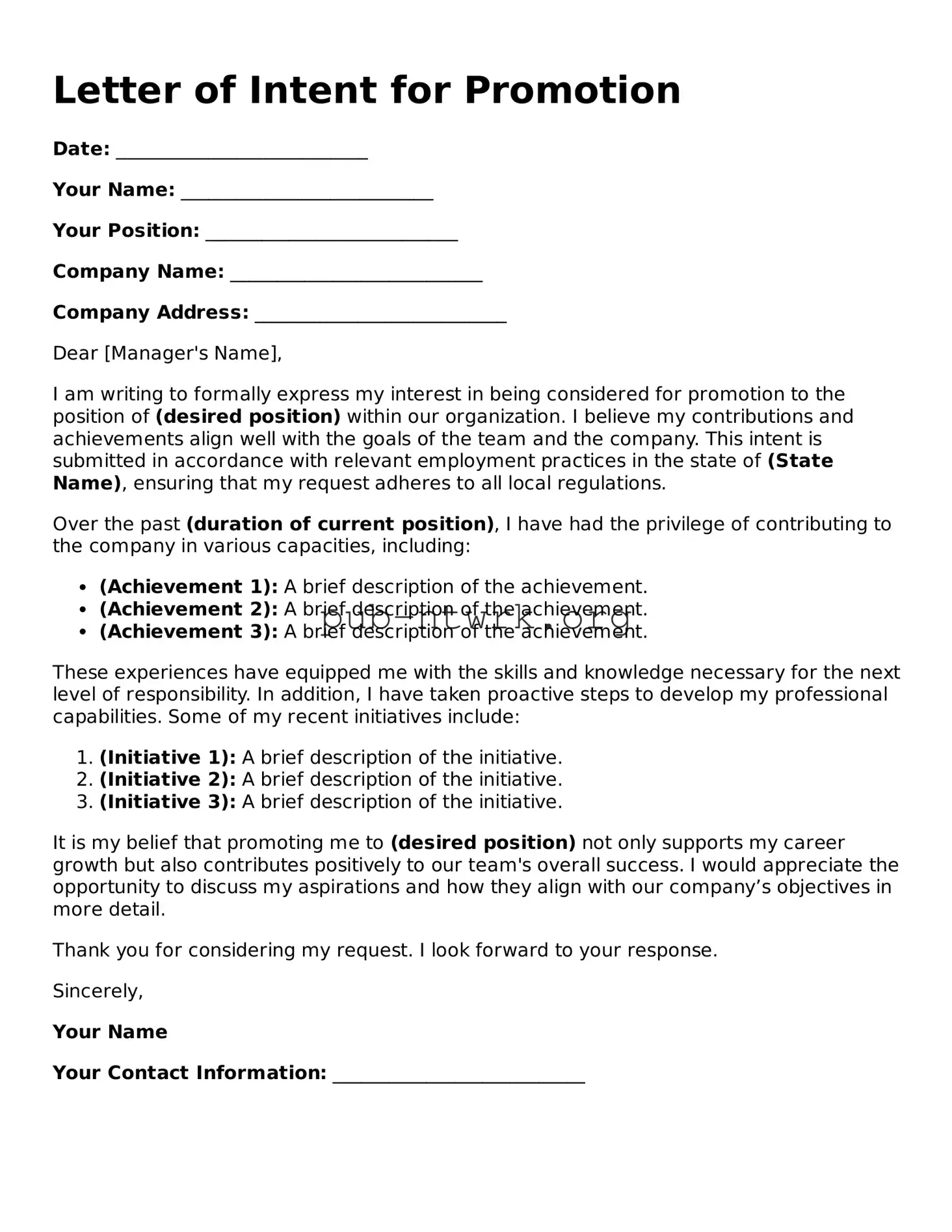 Legal Letter of Intent for Promotion Form
