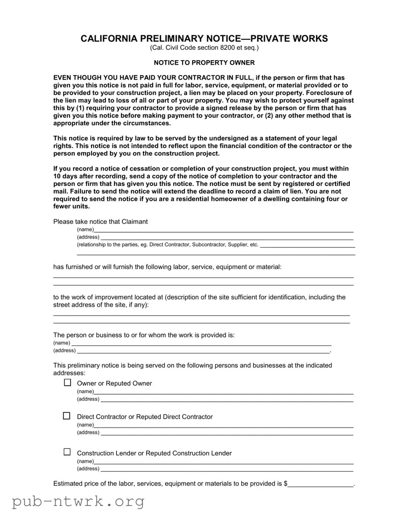 Blank California Preliminary Notice Private Works PDF Form