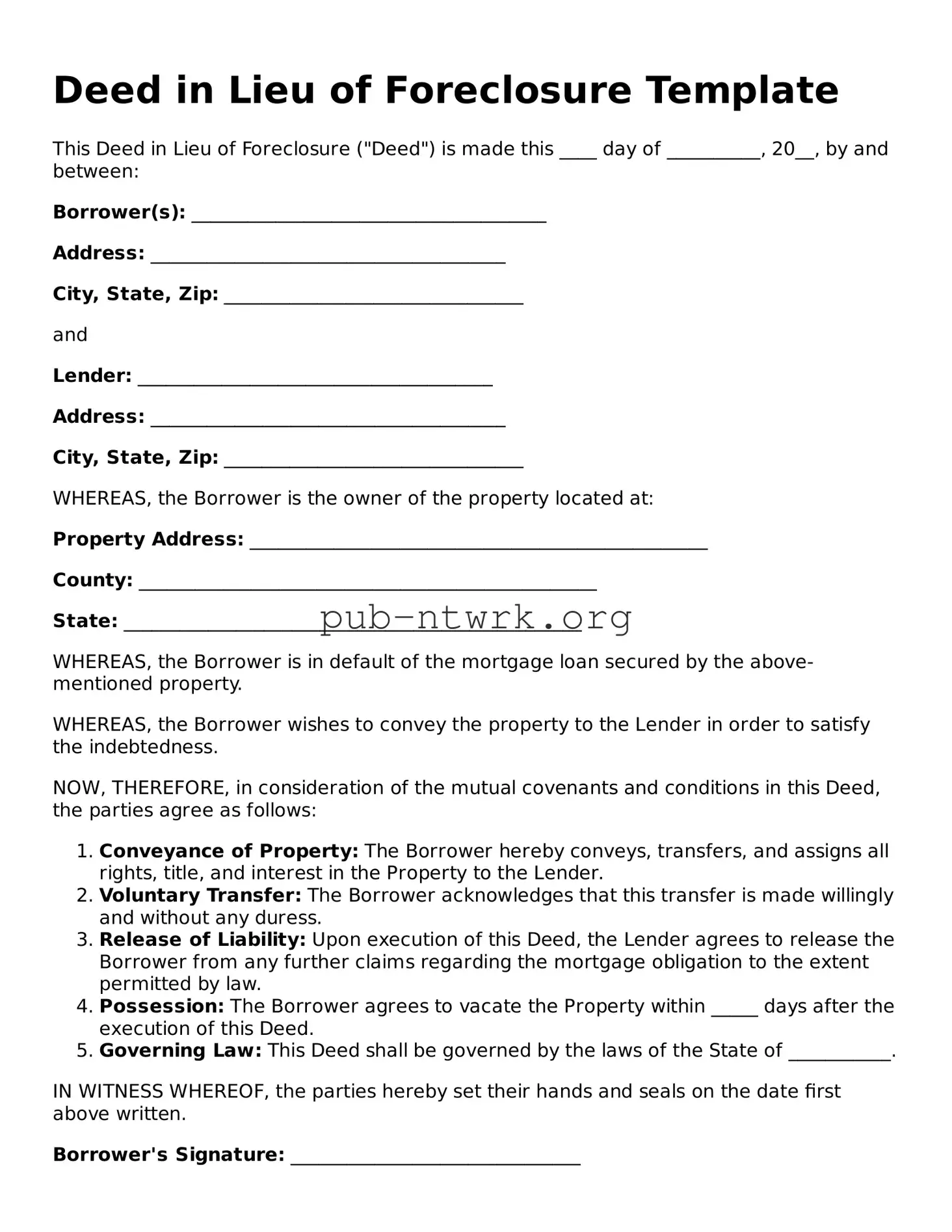 Legal Deed in Lieu of Foreclosure Form