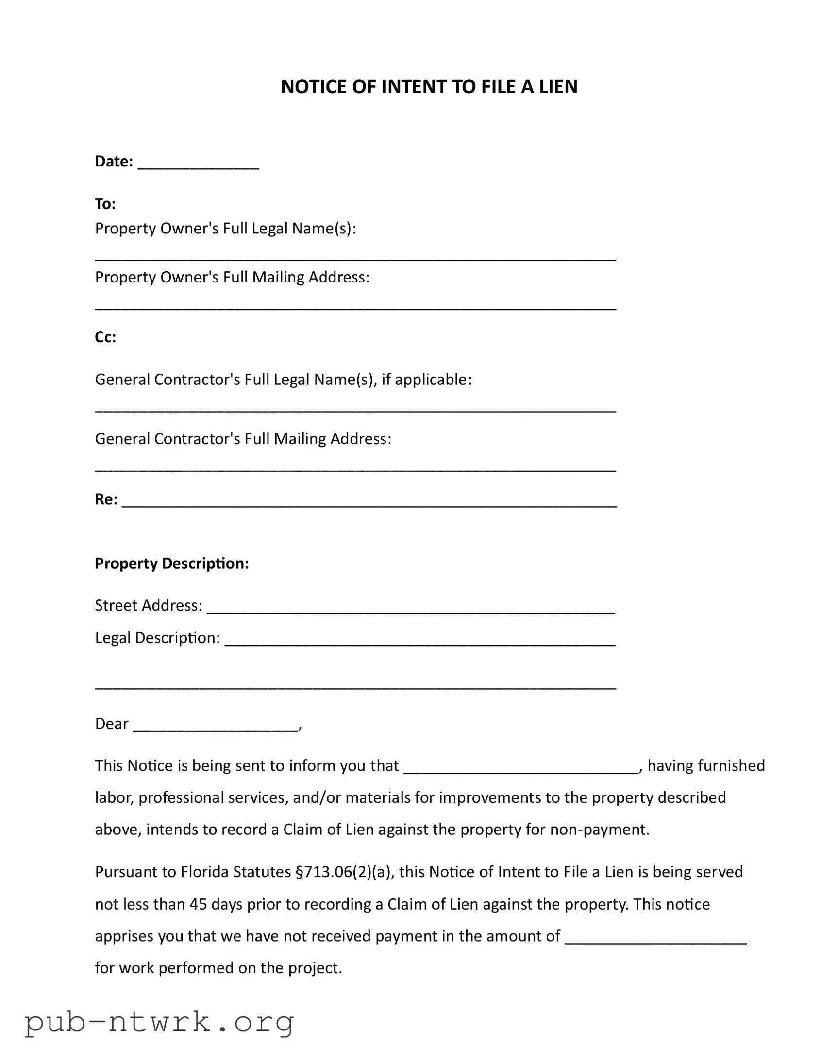 Blank Intent To Lien Florida PDF Form