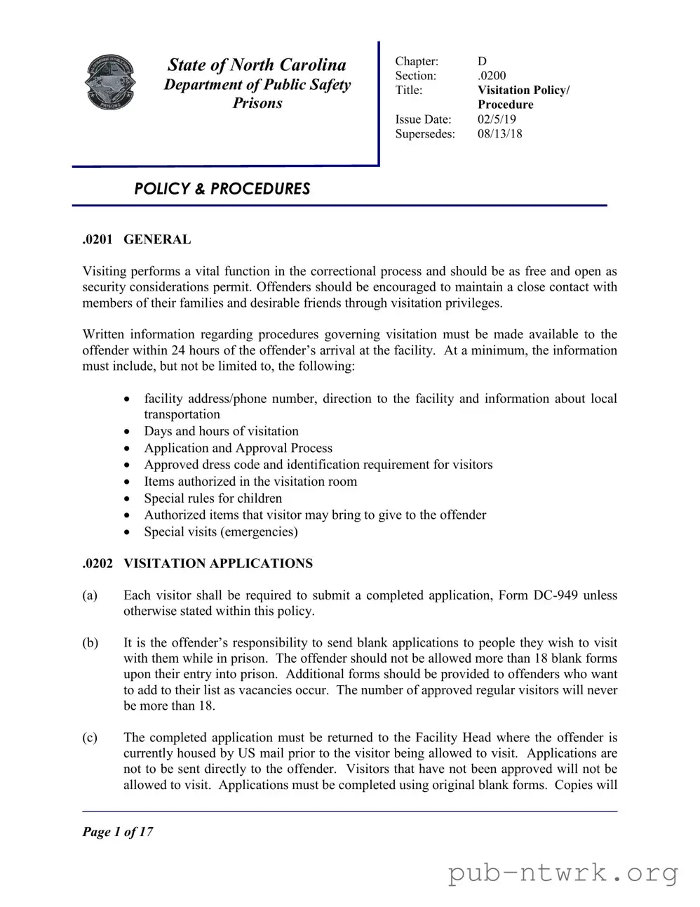 Blank North Carolina Prison Application PDF Form