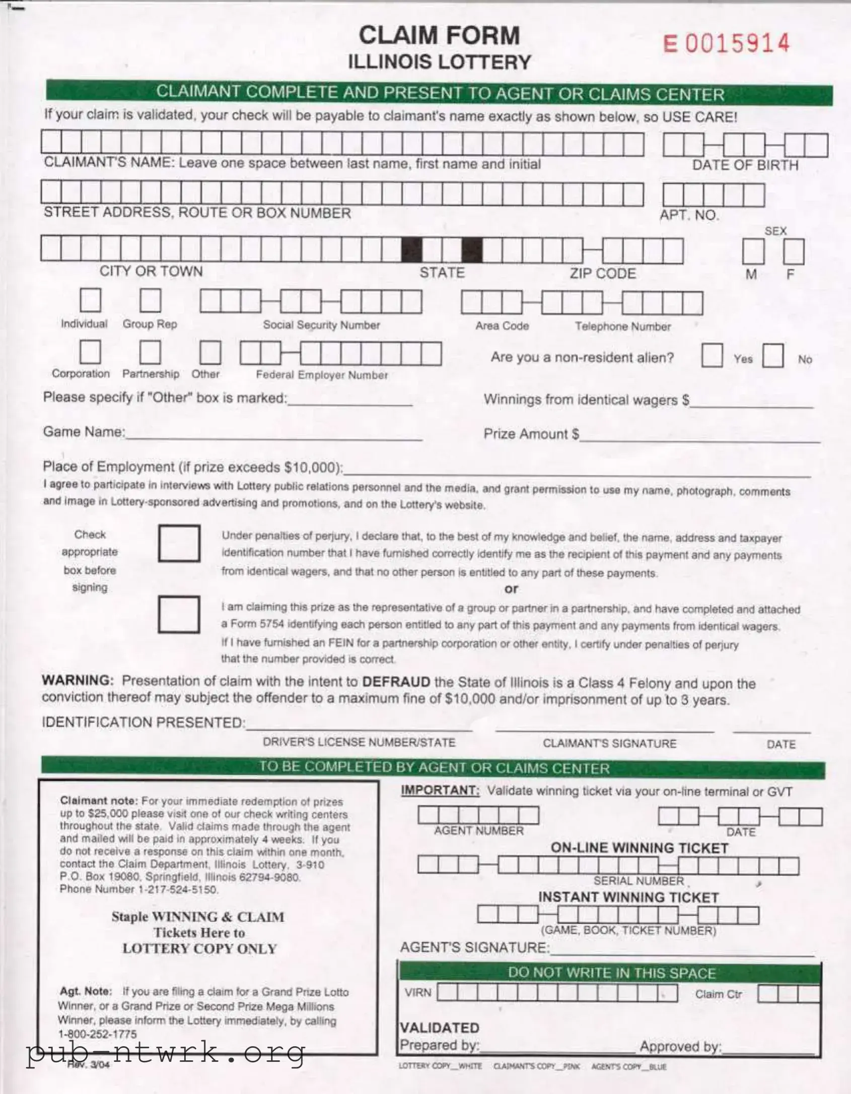 Blank Illinois Lottery Claim PDF Form