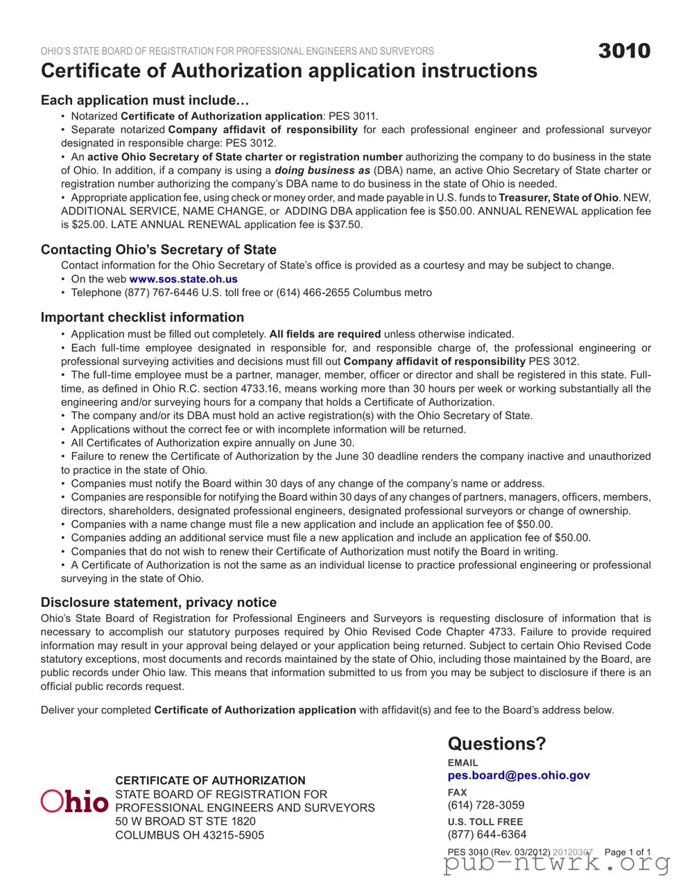 Blank Ohio Pes 3011 PDF Form