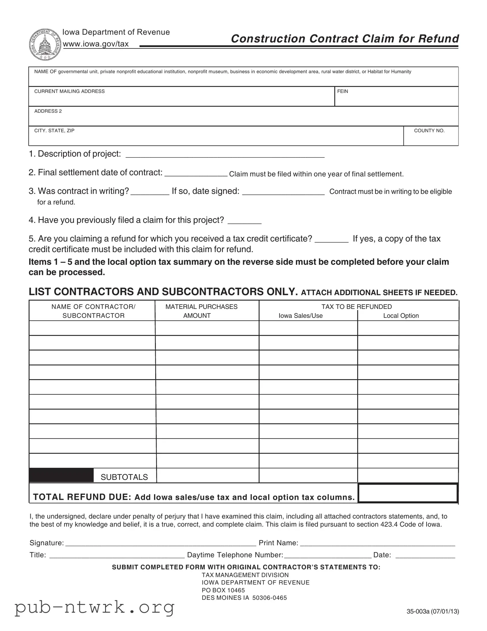 Blank Iowa 35 003A PDF Form