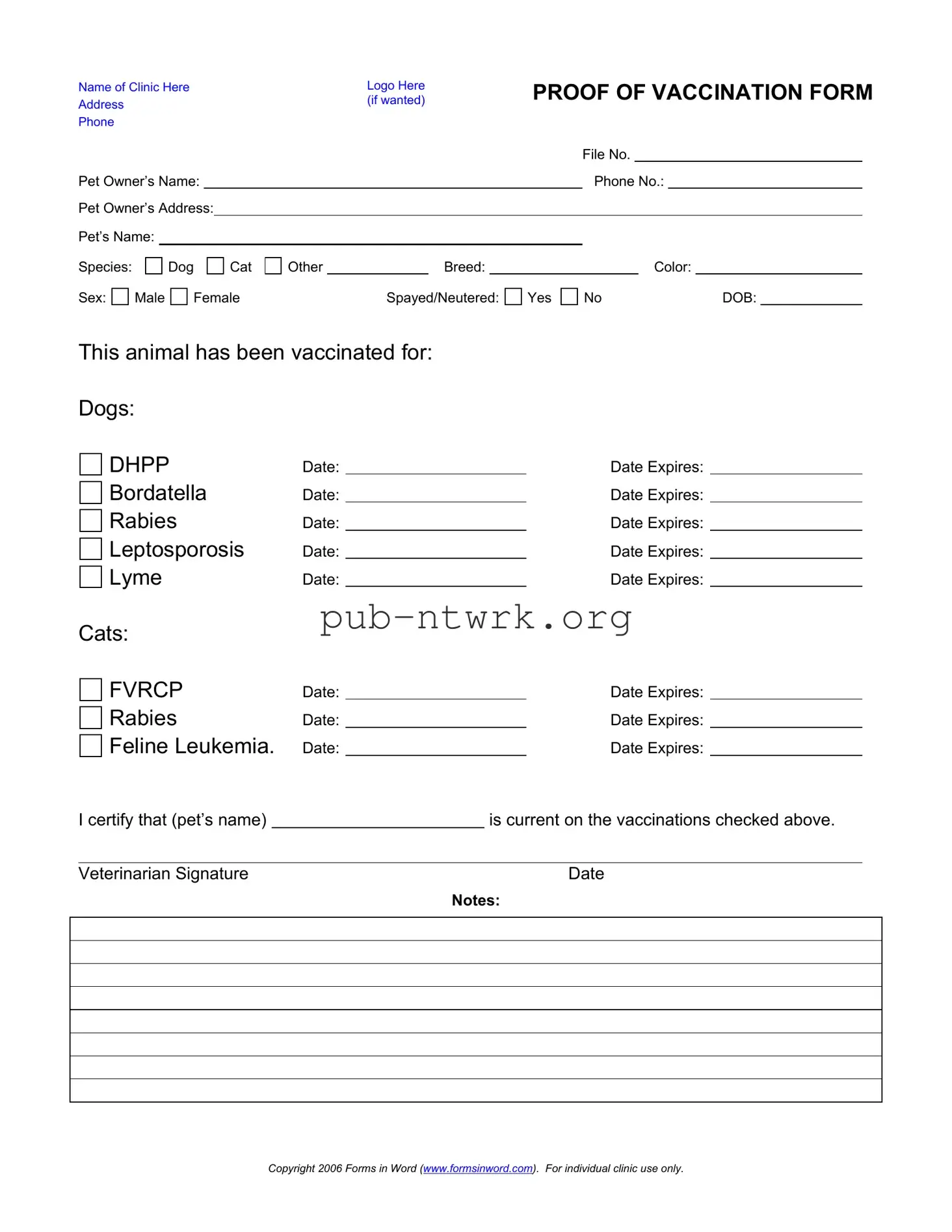 Blank Proof Of Vaccination Dog PDF Form