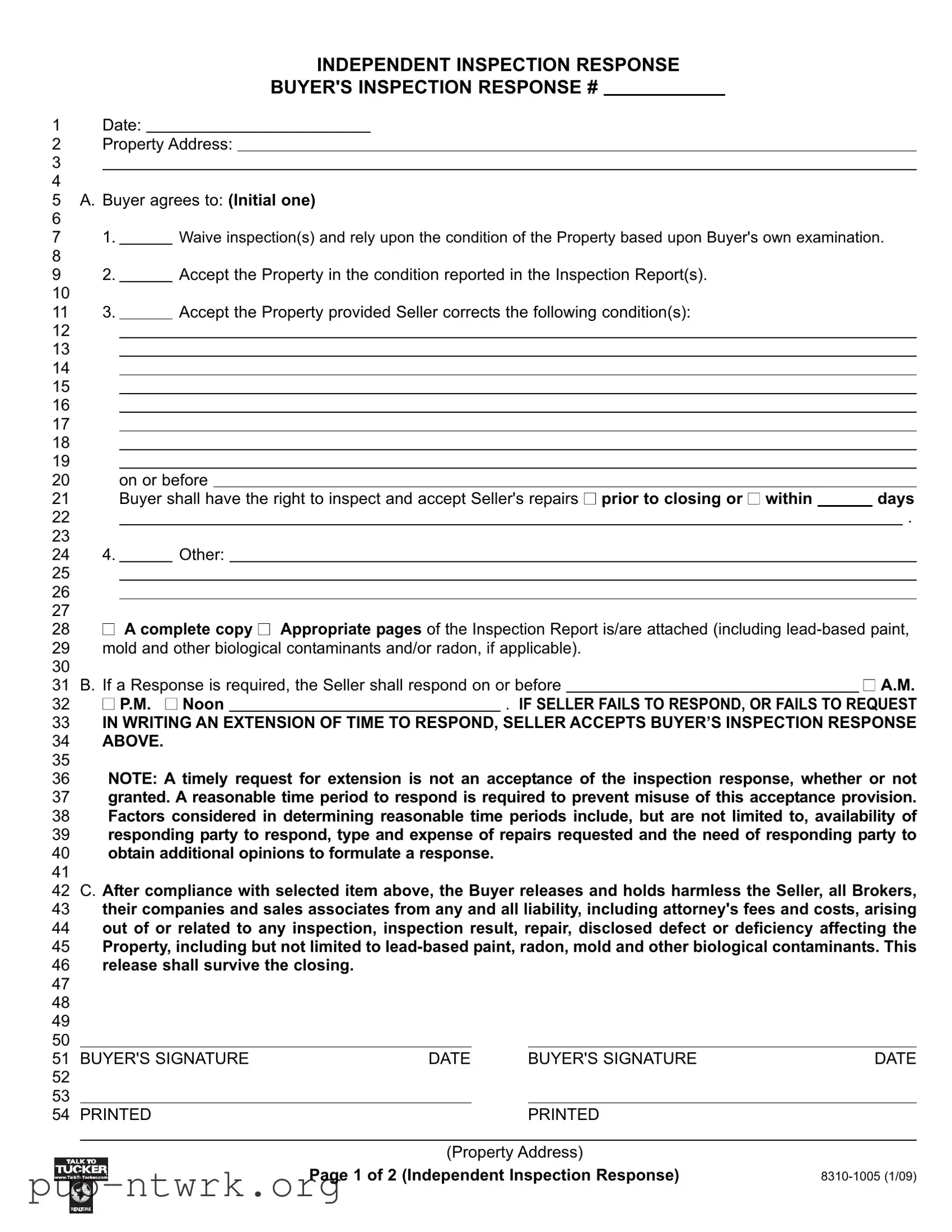 Blank Indiana Inspection Response PDF Form