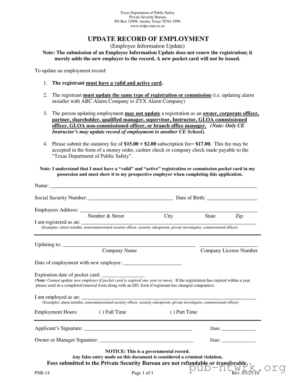 Blank Psb 14 Texas PDF Form
