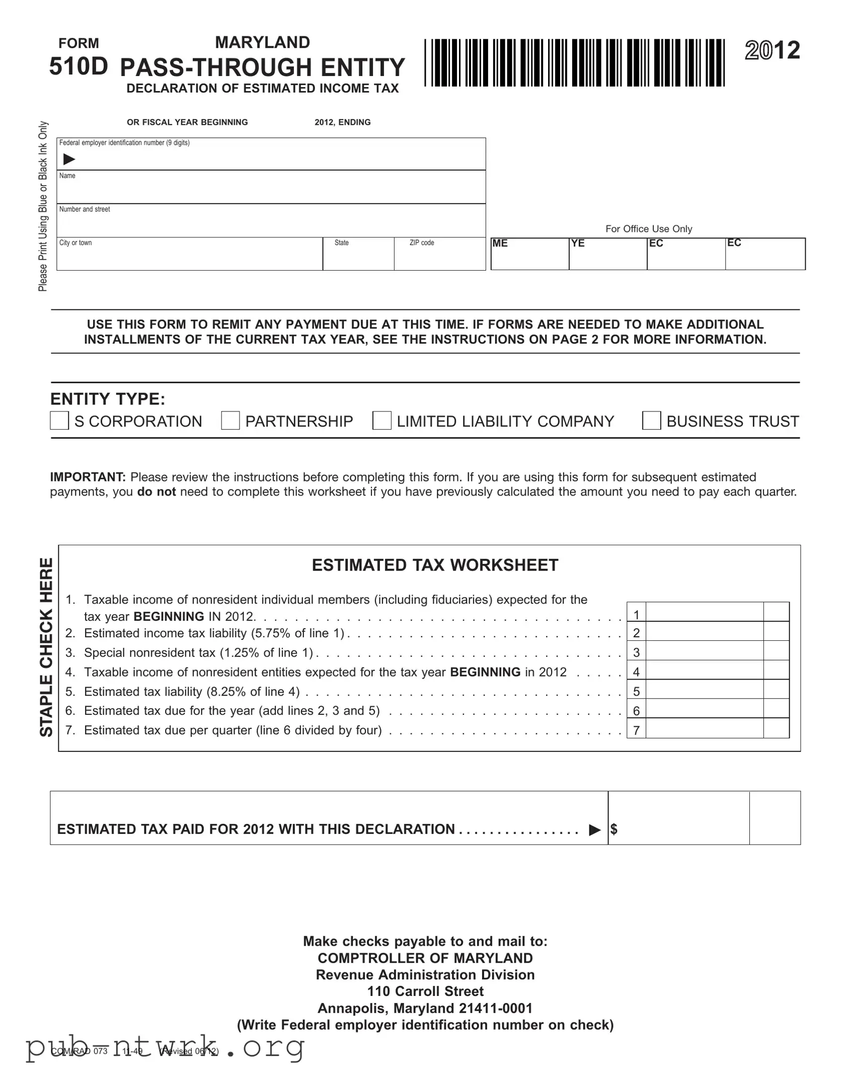 Blank Maryland 510D PDF Form