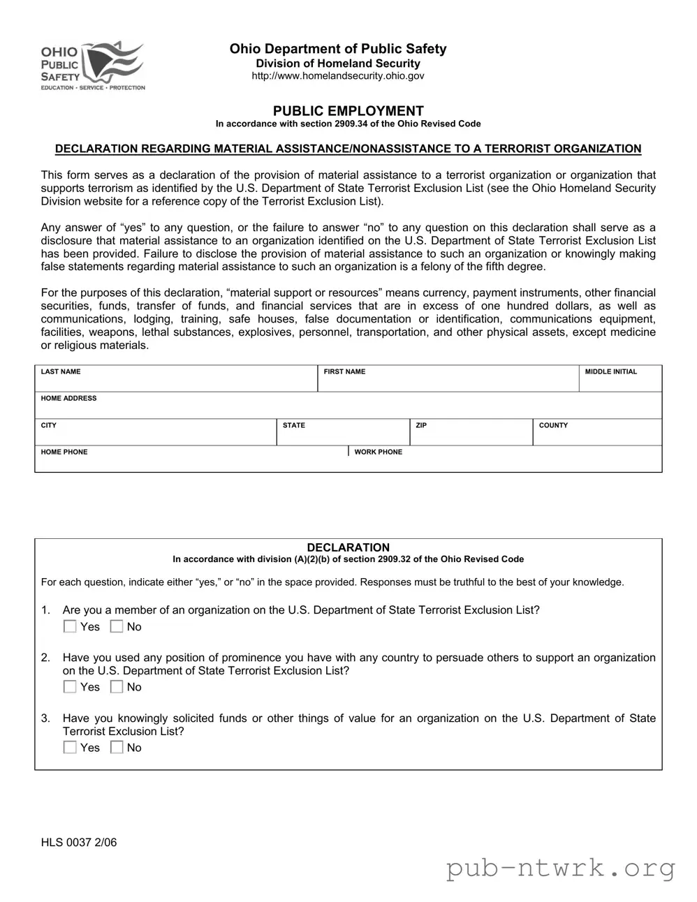Blank Ohio Hls 0037 PDF Form