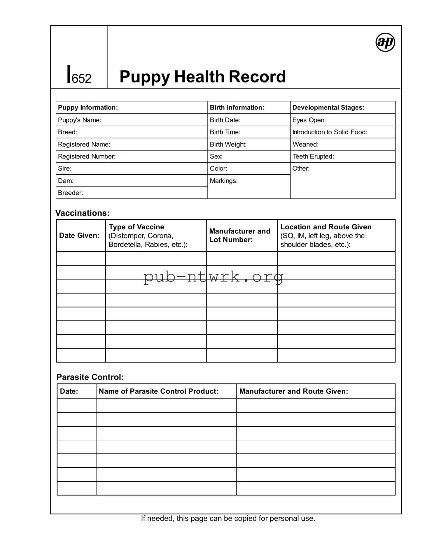 Blank Puppy Health Record PDF Form