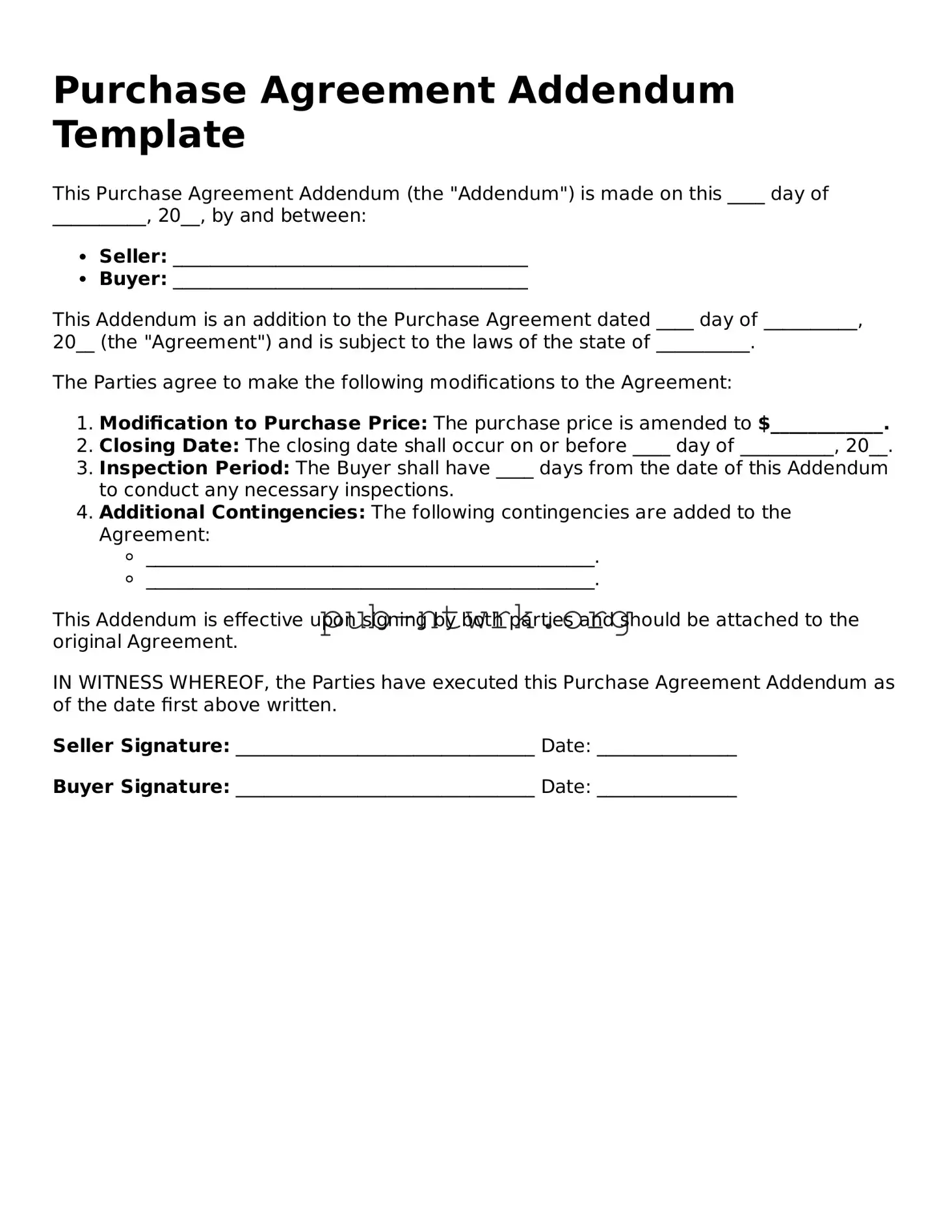 Legal Purchase Agreement Addendum Form