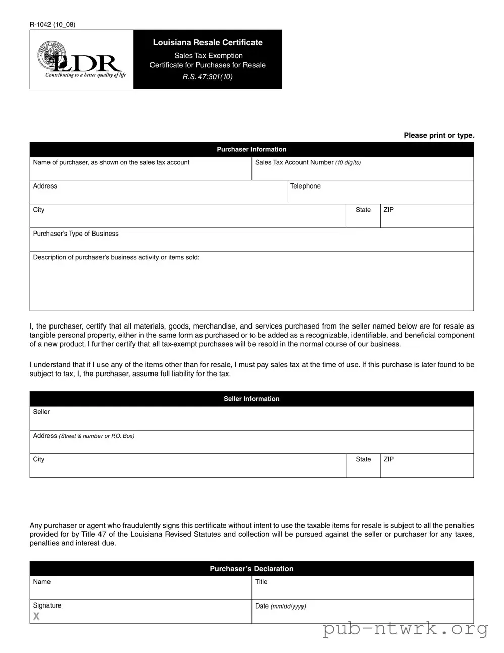Blank R 1042 Louisiana Certificate PDF Form