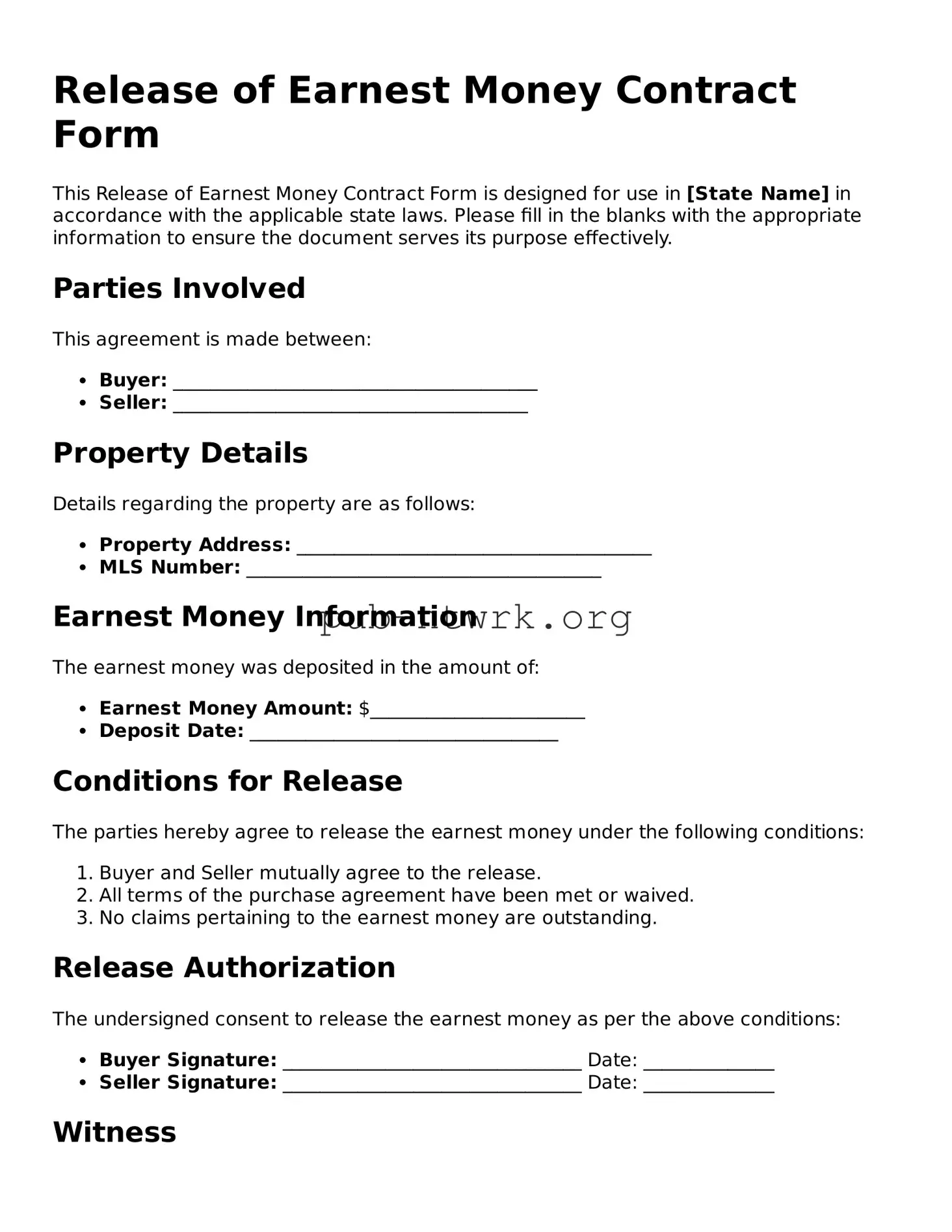 Legal Release of Earnest Money Contract Form Form