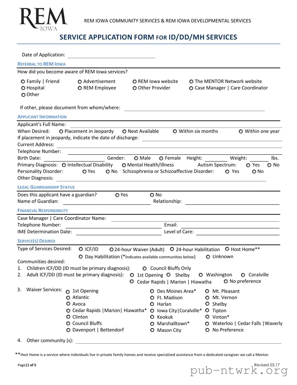 Blank Rem Iowa Service Application PDF Form