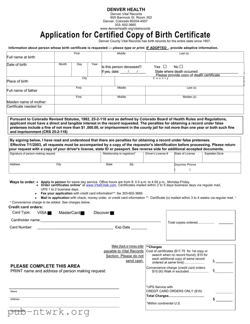 Blank Colorado Denver Application Birth Certificate PDF Form