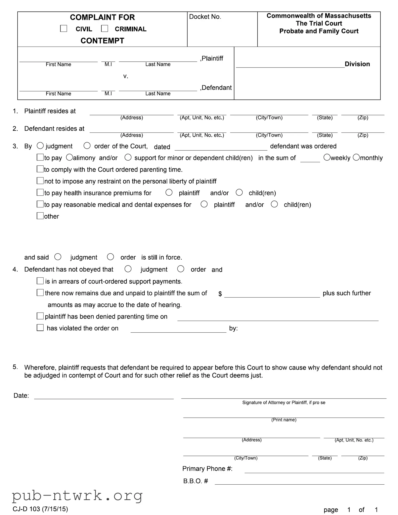 Blank Massachusetts Complaint For Contempt PDF Form