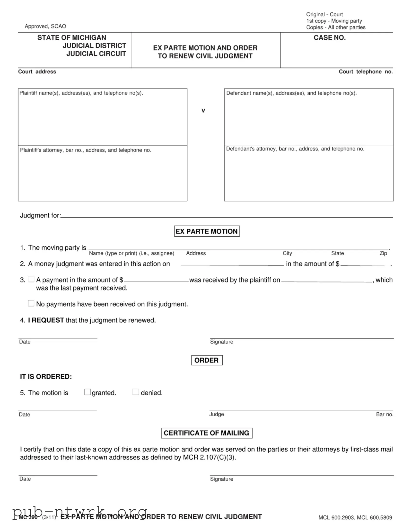 Blank Michigan Ex Parte PDF Form