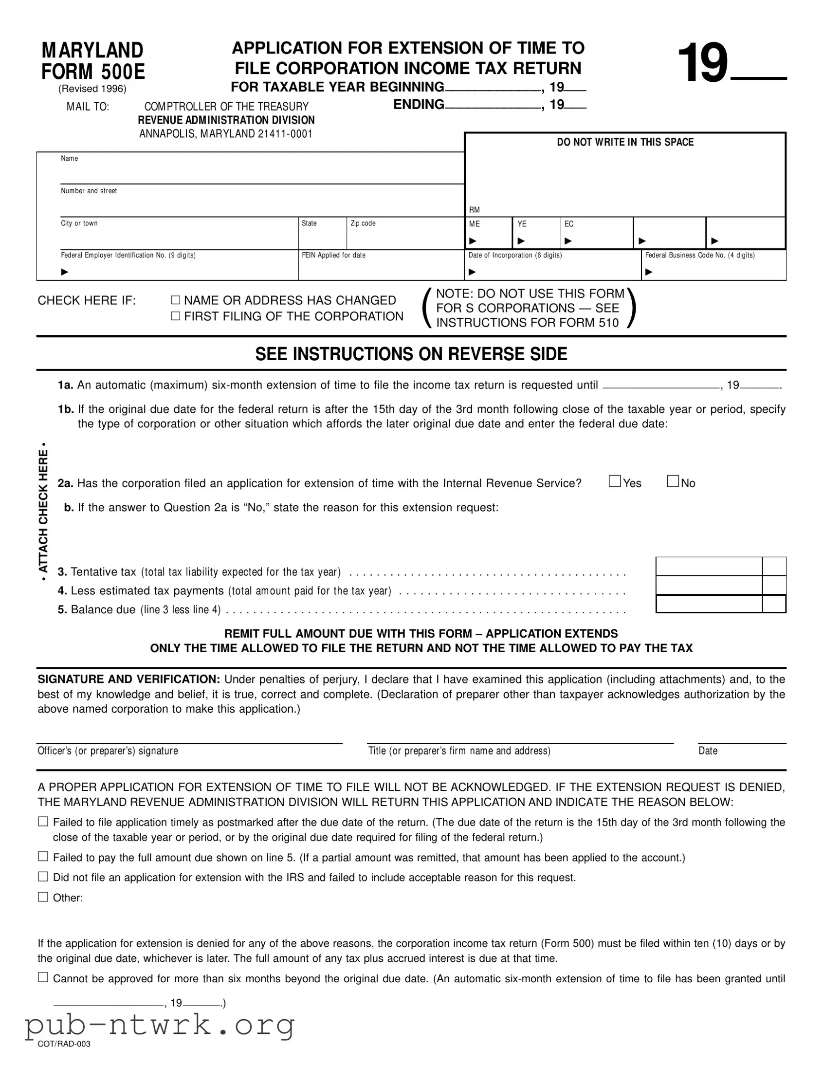 Blank Maryland 500E PDF Form
