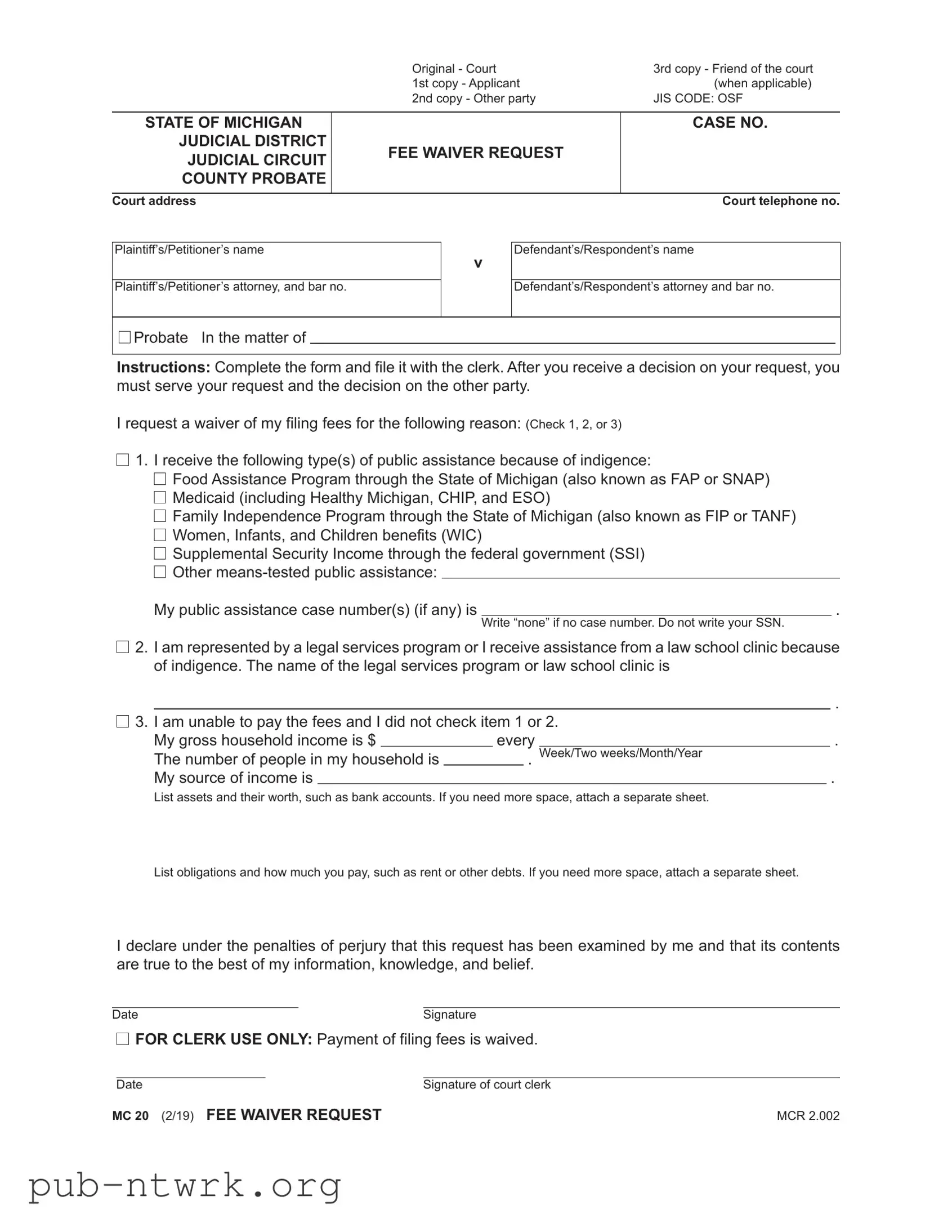 Blank Michigan Mc 20 PDF Form