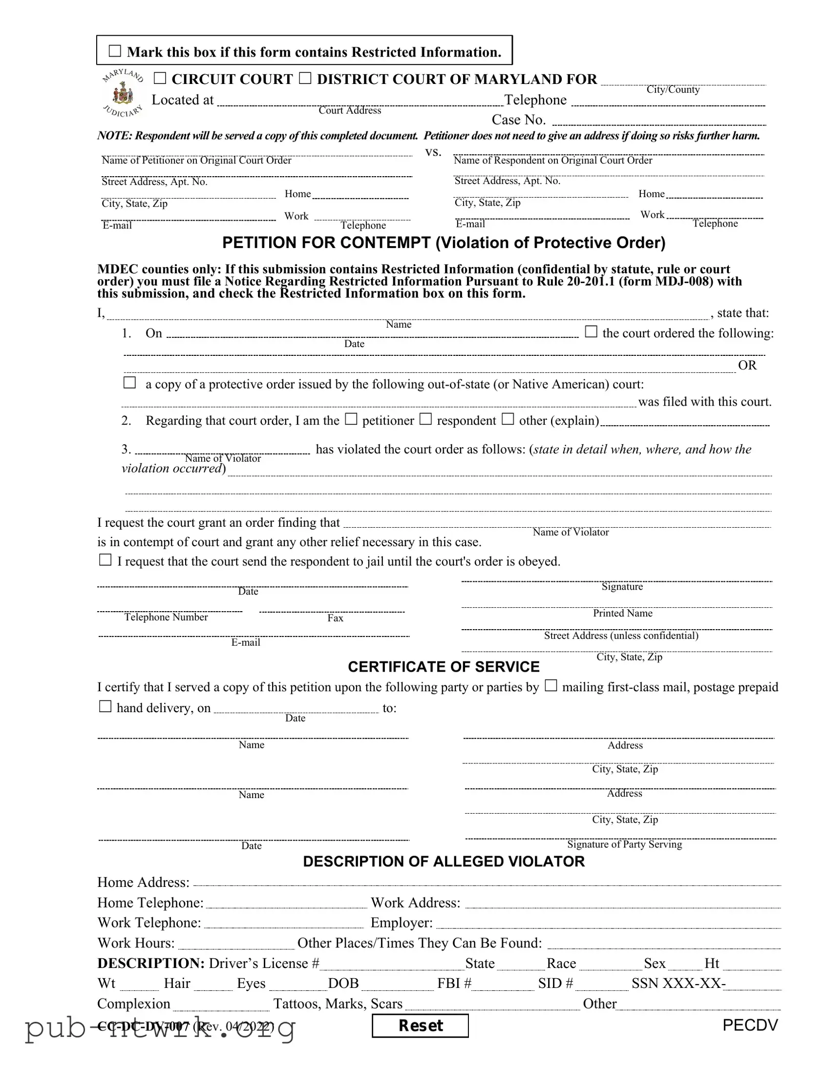 Blank Maryland Petition For Contempt PDF Form
