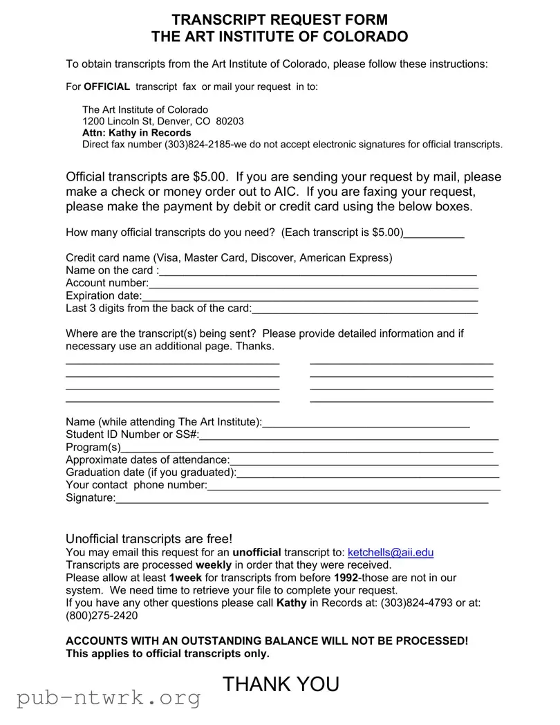 Blank Art Institute Colorado Transcript Request PDF Form